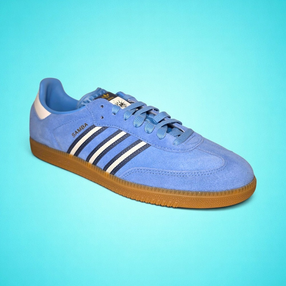 New men's Adidas Samba OG FIFA World Cup light blue suede shoes, size 11.5